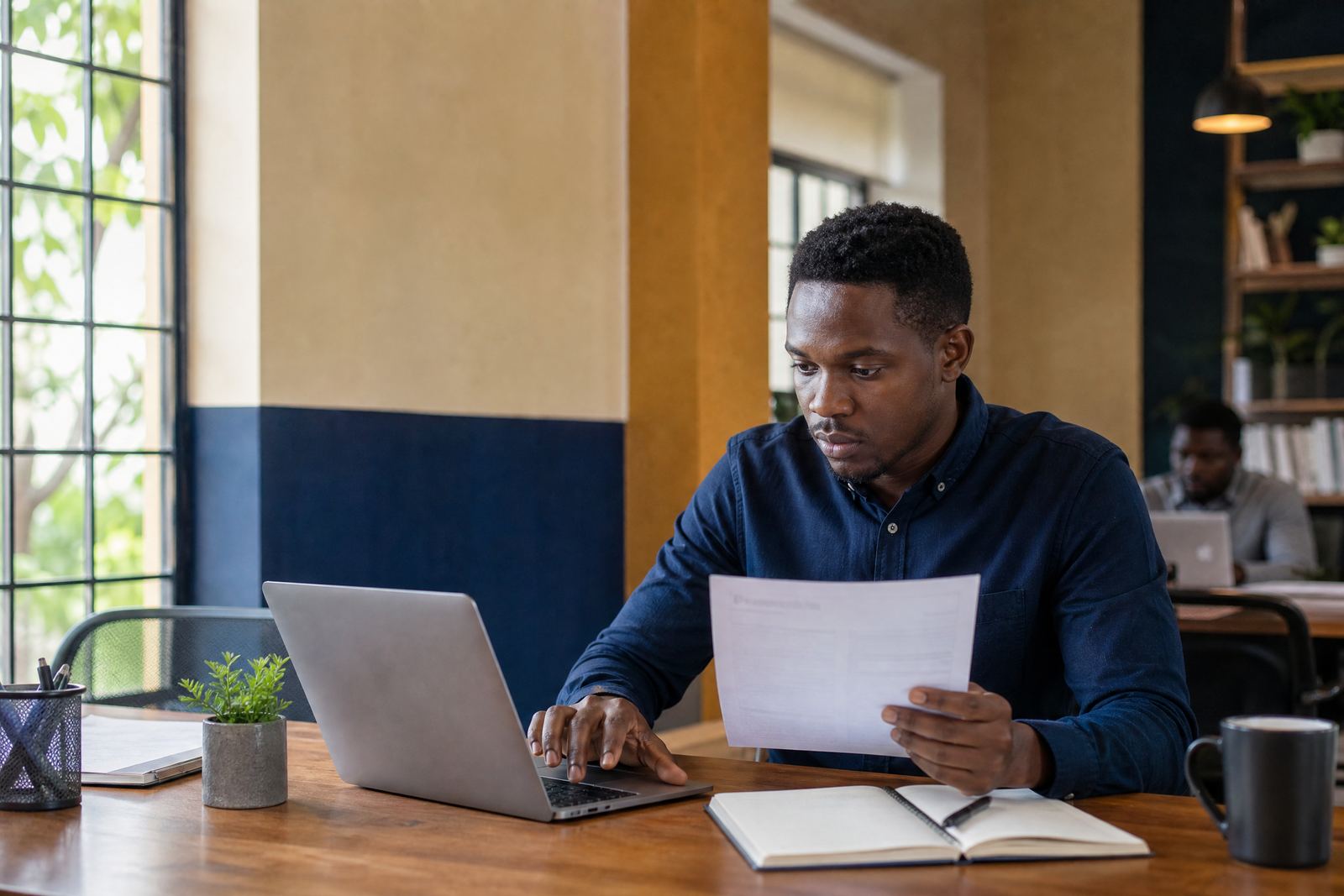 Professional reviewing a CV at a laptop